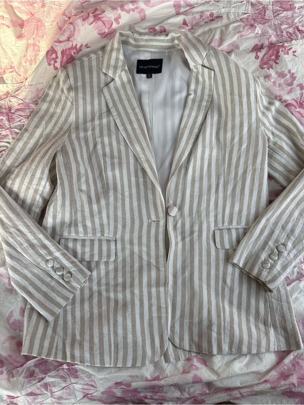 Velvet Heart Beige & White Striped Linen-Blend Blazer
